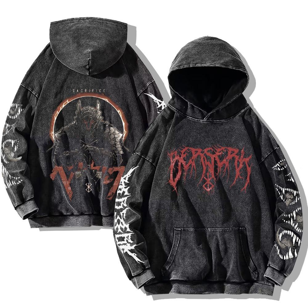 Толстовки Berserk Anime Vintage Acid Washed Hoodie Fashion Cotton Pullover Men Women Hip Hop Hooded Hooded Hoody Oversize Clothes