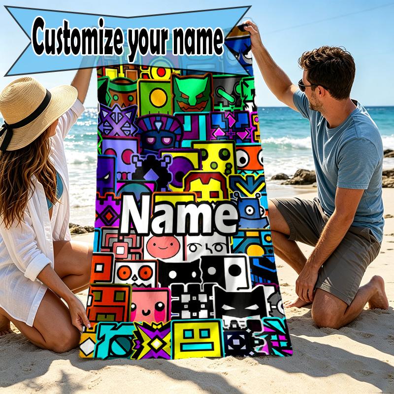 Custom Name Personalized Geometry Dash Print Beach Towel, for Trip Camping Beach Party Home Decor, Birthday Gift for Family & Friends