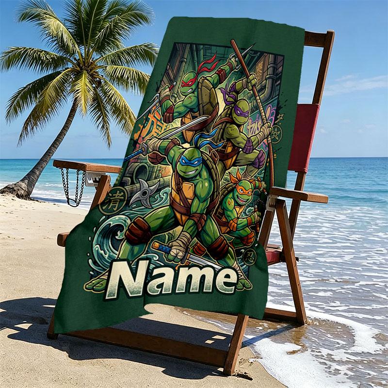 Custom Name Personalized Teenage Ninja Turtles Print Beach Towel, for Trip Camping Beach Party Home Decor, Birthday Gift for Family & Friends