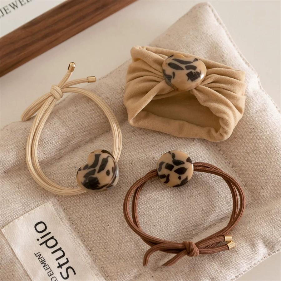 6PCS Simple Leopard Print Heart-shaped Handmade Knotted Hair Rope with High Elasticity Tied Hair Towel Loop Headband