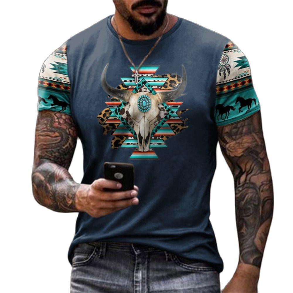 Винтажные мужские футболки с ковбойским принтом и принтом, летняя уличная одежда с круглым вырезом, футболка большого размера, повседневные свободные топы с короткими рукавами, одежда