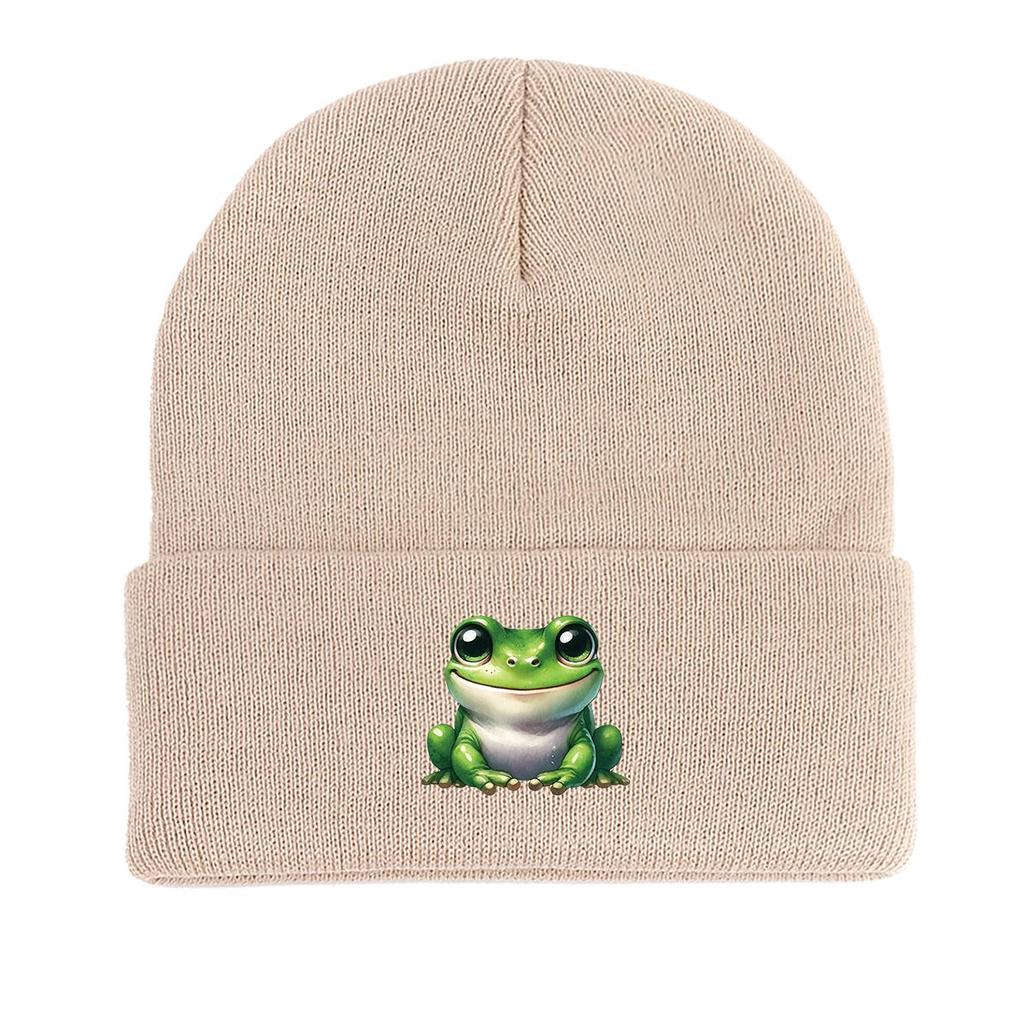 Smiling Frog Warm Knitted Hat Beanie, Woman Cap Cuff Winter Trendy Headwear Knit Cap Beanie