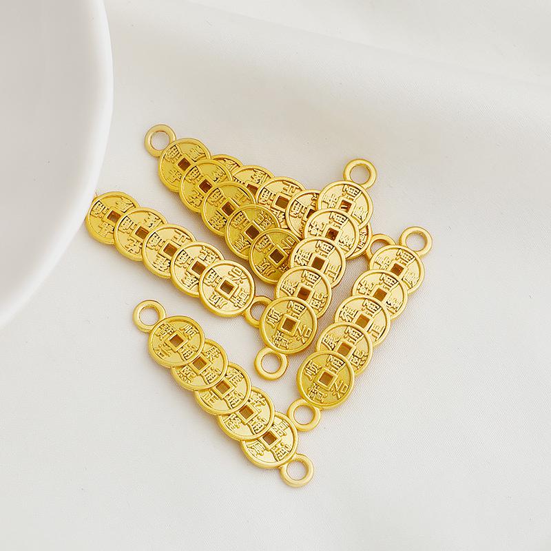 Gold-Plated Long Strip Five Emperors Coins Amulet Double Pendant String for DIY Jewelry