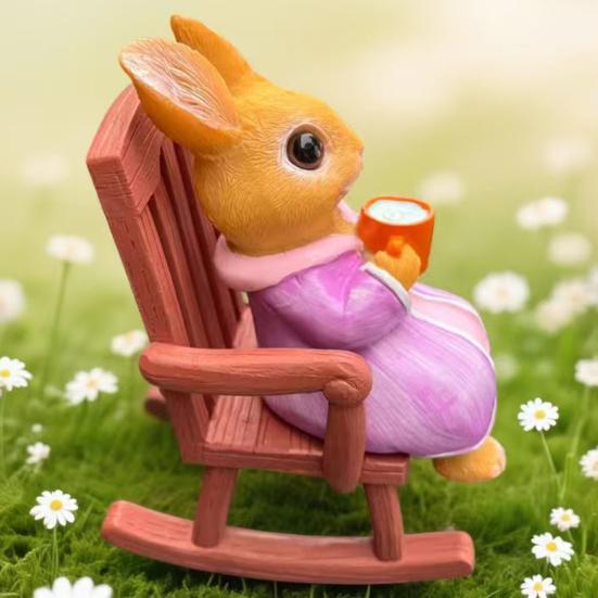 Rocking Chair Rabbit Figurine Holding Cup Cartoon Sitting Bunny Resin Statue Animal Sculpture Indoor