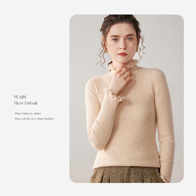 Autumn Women's Cashmere Sweater with Ruffle Collar and Lace Trim