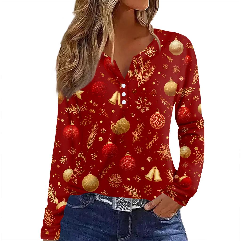 Женская футболка с рождественским принтом на пуговицах с длинным рукавом, повседневная, выходного дня, модная, базовая, с V-образным вырезом, обычная