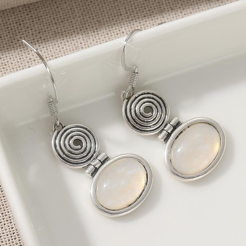 Винтажные Посеребренные Геометрические Спиральные Серьги-Подвески с Лунным Камнем для Женщин Элегантные Повседневные Универсальные Украшения Аксессуары Подарки