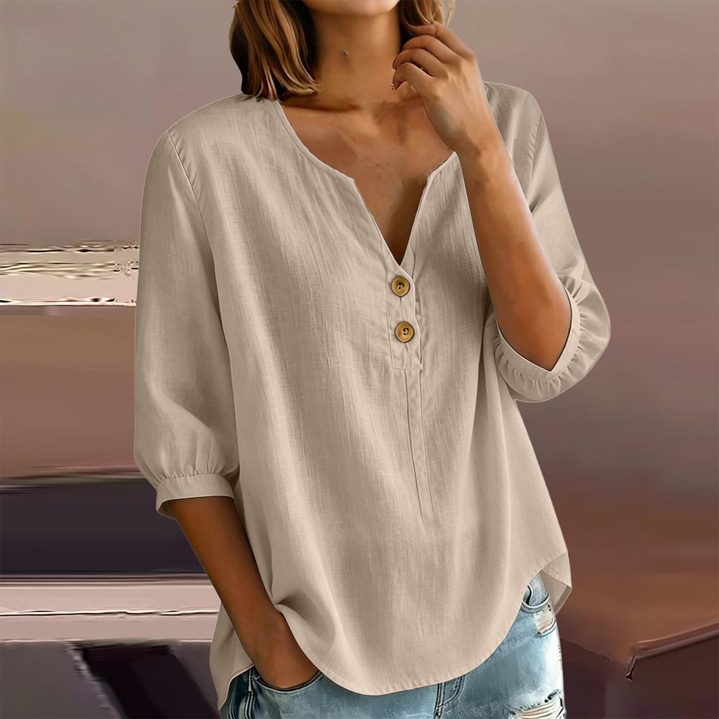 Женская повседневная рубашка-henley из смешанного льна с пуговицами, рукав три четверти, легкий свободный топ для повседневной носки