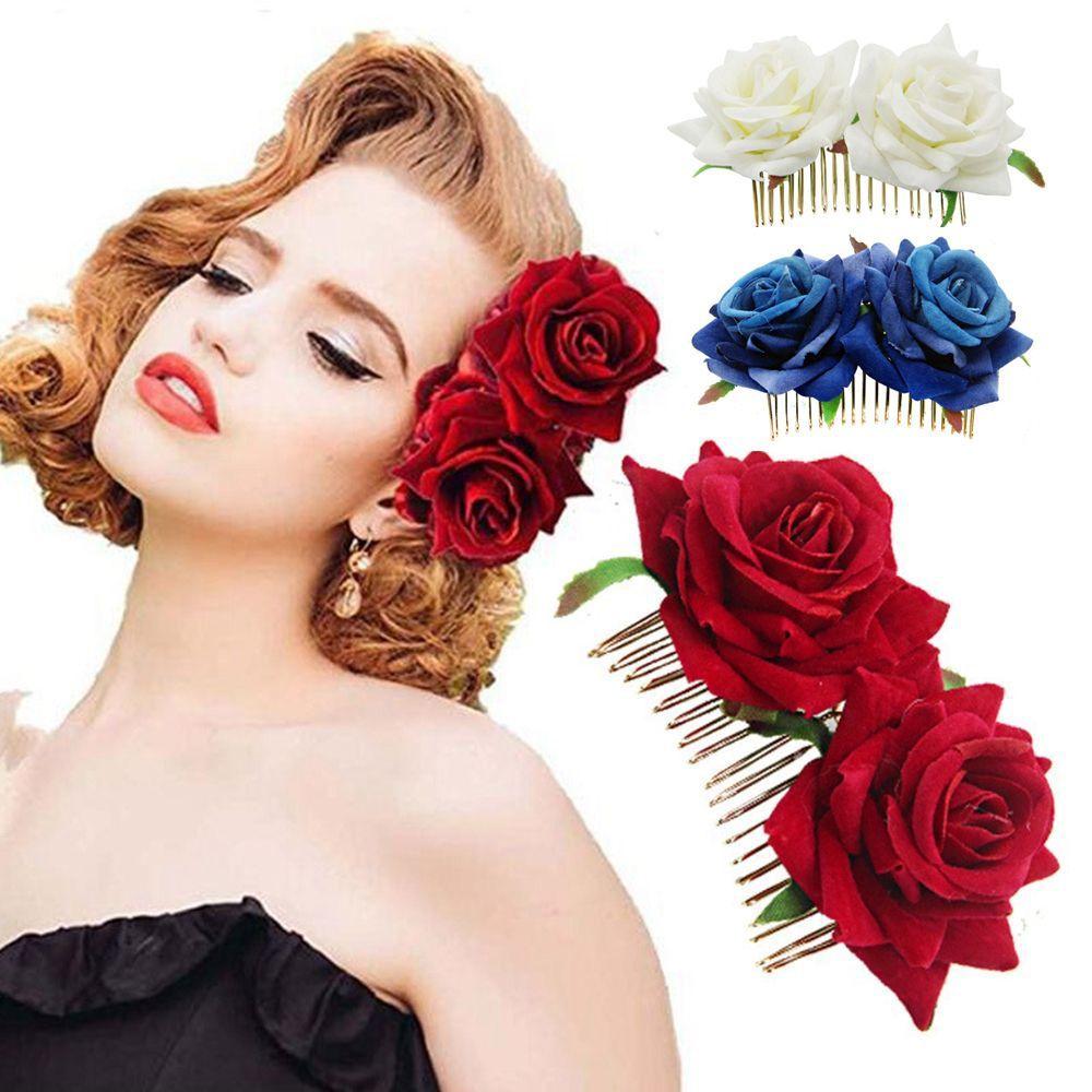 Festival Bridesmaid Hair Jewelry Red Rose Hairpin Bridal Flower Hair Comb Wedding Accessories