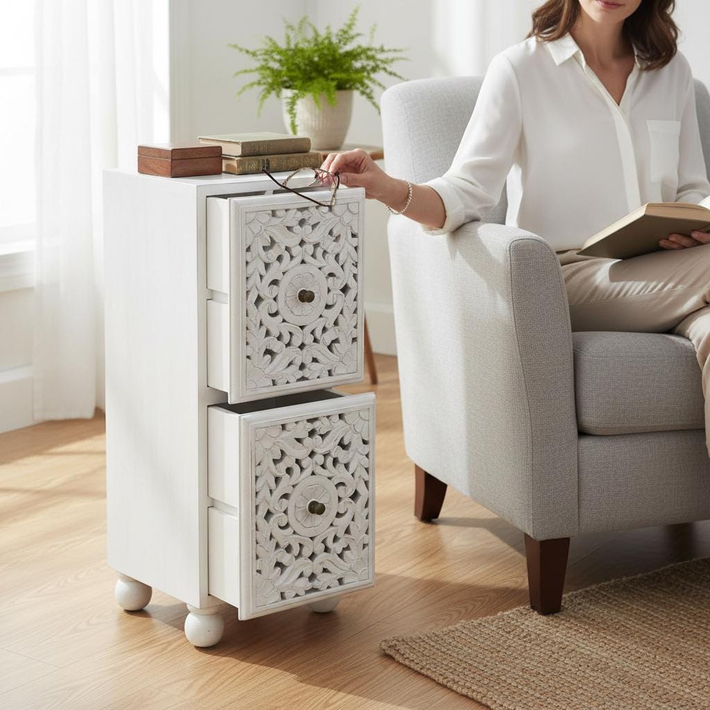 Hand-Carved Wooden Nightstand | White Side Table with Desk Drawers | Wooden Storage Cabinet | White Bedside Table Dressers Storage Table Art