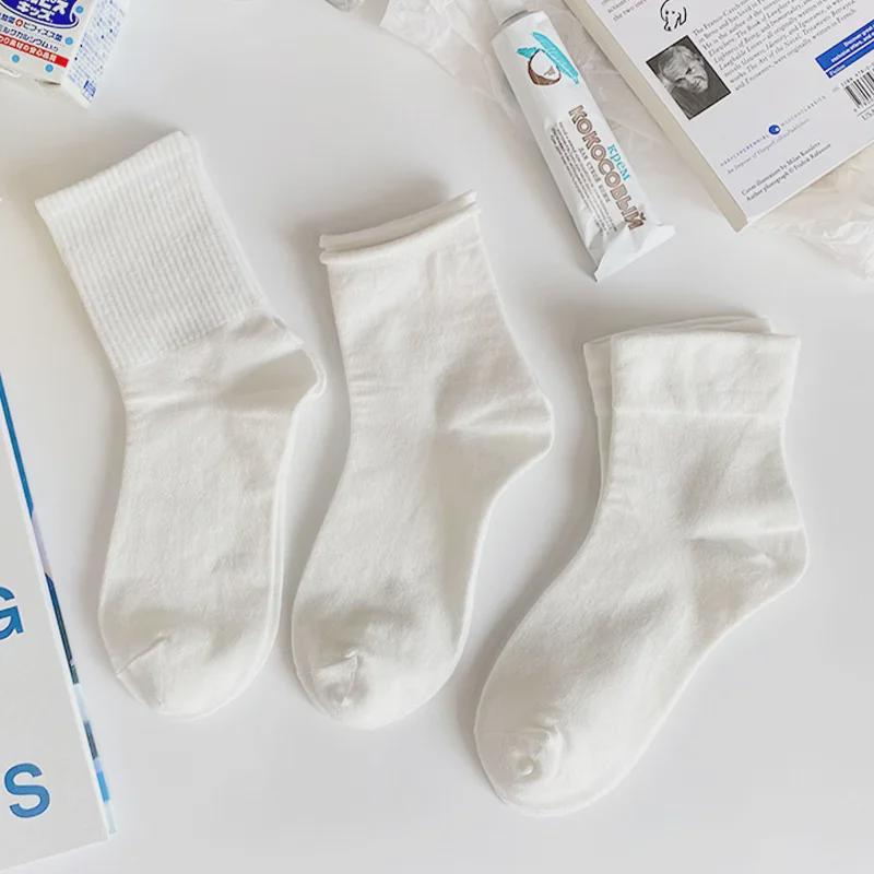 JK Spring/Summer Curled Women's Mid-Tube Cotton Socks – Trendy, Thin, Soft, Cute Japanese Style, Pure White