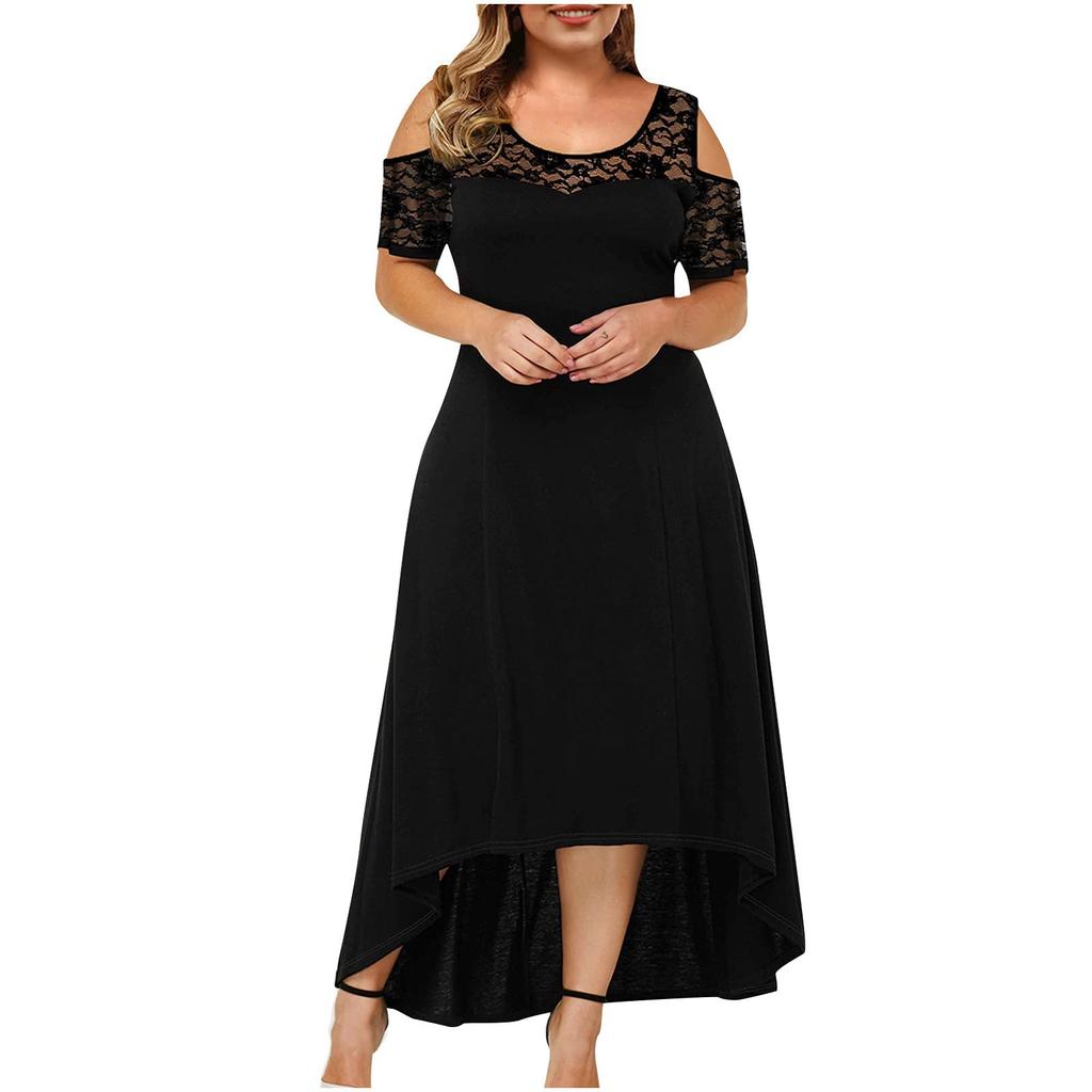 Women's Summer Dresses Off Shoulder Lace Trim Elegant Oversized Solid Dress