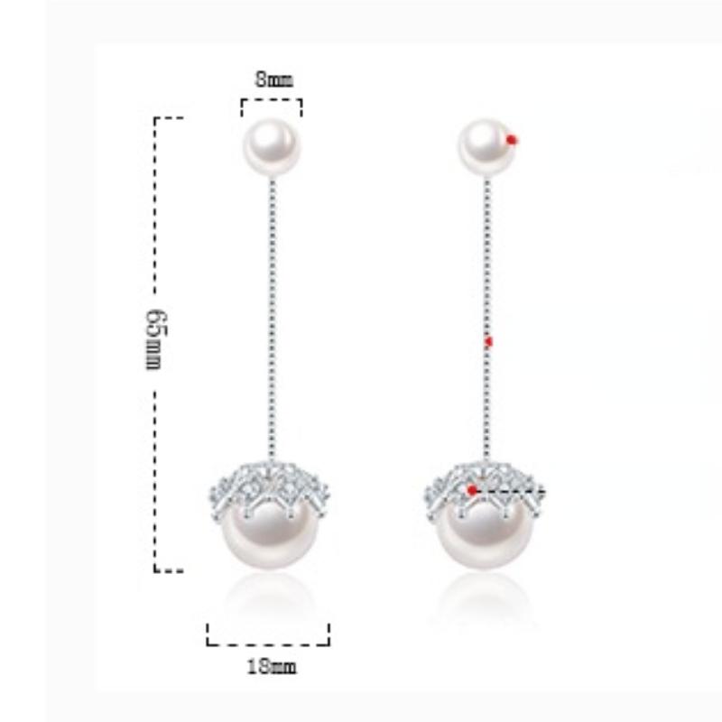 Женская корейская мода Элегантные антиаллергенные серьги-гвоздики из серебра 925 пробы с простым кристаллом циркона и кружевом с двойным жемчугом Женские длинные серьги-гвоздики для ушей Подарки