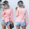 Women Summer Loose Casual Bowknot Bandage Lantern Sleeves Round Neck Blouse