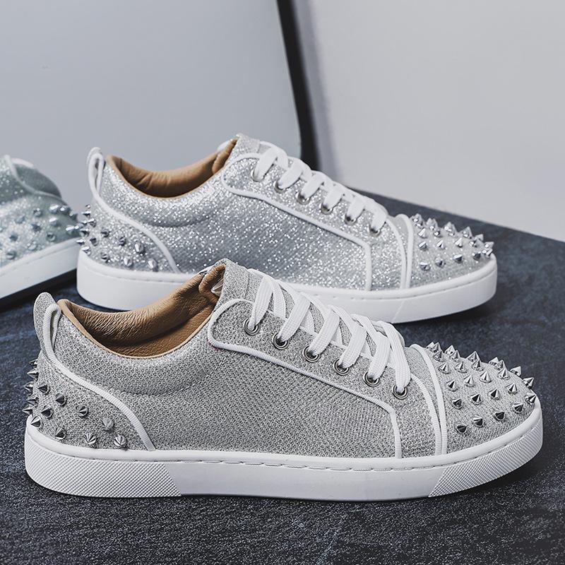 New Trendy Shoes 2025 European and American Fashion Silver Face Low-top DingTalk Casual Board Shoes Lace-up Shallow Shoes Rivet Men's Shoes