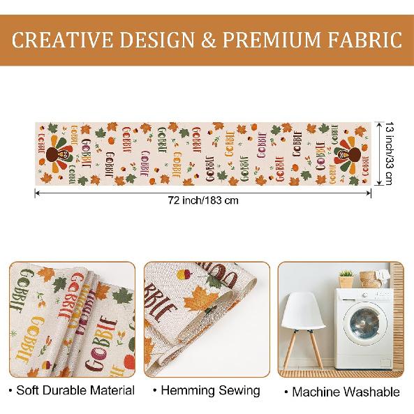 Bonhause Gobble Turkey Thanksgiving Table Runner 13x72 Inch Fall Autumn Maple Leaves Harvest Kitchen Dinning Table Decoration for Indoor Outdoor Home