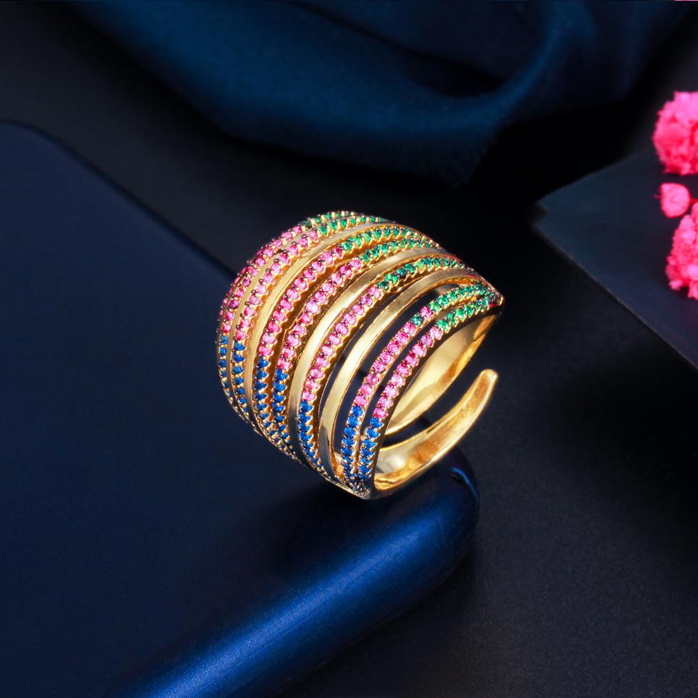 Sparkling Diamond Micro-Inlaid Colored Zircon Women'S Ring, Electroplated Real Gold Ring, Customized Jewelry With Pictures And Samples.