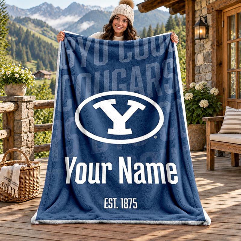 BYU Cougars Custom Name Flannel Blanket Personalized Soft Warm Plush Throw Blanket Customized Gift for Family Friends