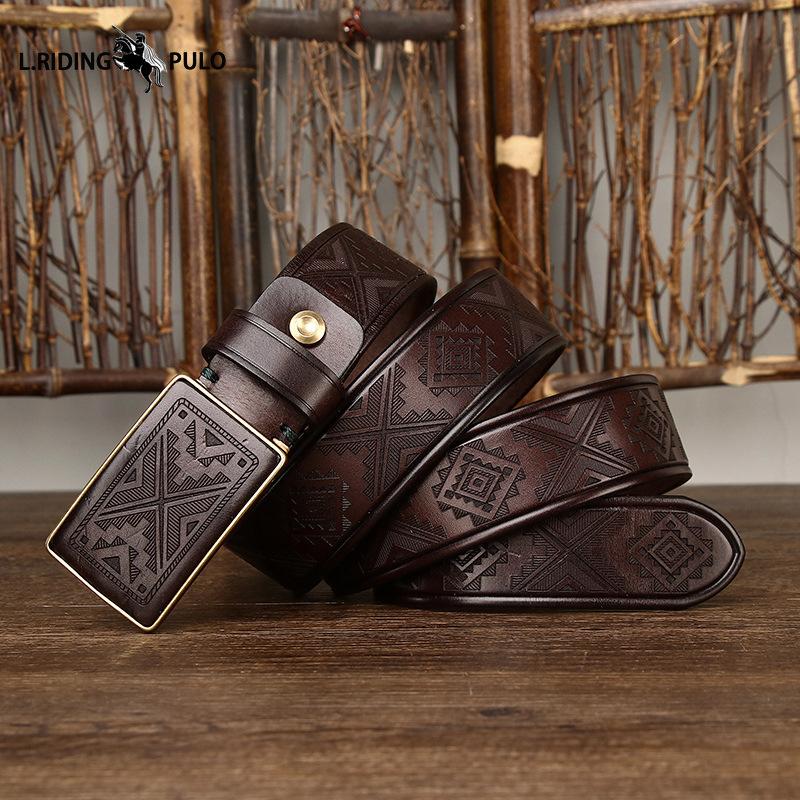 Винтажный ремень ручной работы с лазерной гравировкой узора, пряжка-пластина, мужской, из натуральной кожи, чистая коровья кожа, ремень с гладкой пряжкой