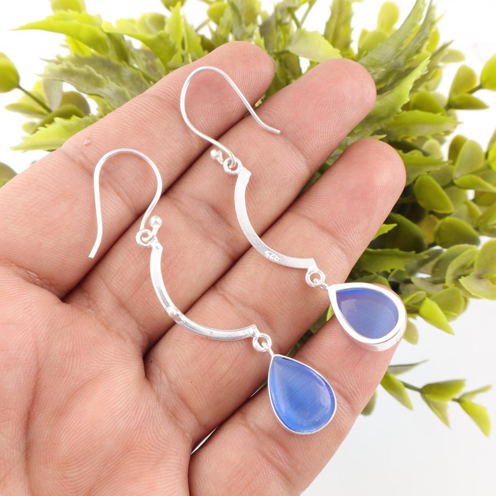 Dark Blue Cat's Eye Gemstone 925 Sterling Silver Jewelry Handmade Earrings 2.60" EE-43-42