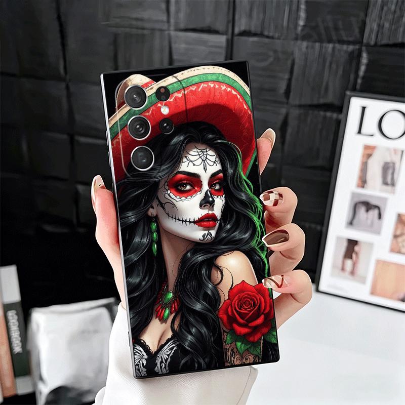Катрина Красивая Девушка Роза Череп Мягкий Чехол для Телефона для Samsung Galaxy S26 S25 Edge S24 Ultra S23 Plus S22 S21 FE S20 Черный Чехол