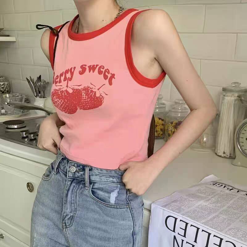 2024 Розовый жилет Y2k с принтом, летний модный винтажный укороченный топ без рукавов с открытыми плечами