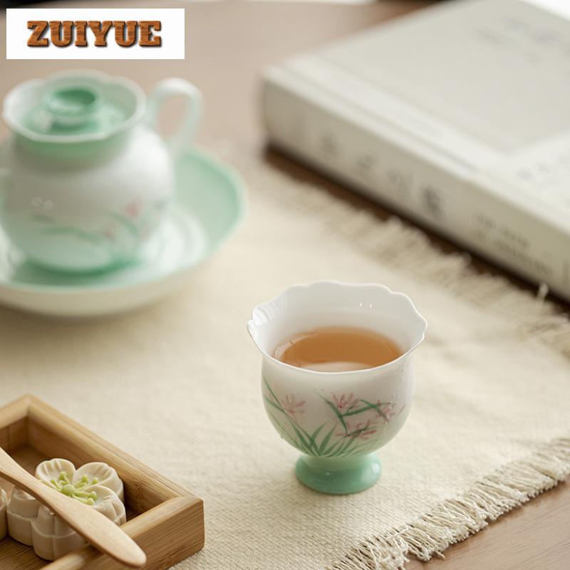 85ml Hand Drawn Orchid High Foot Flower Mouth Teacup Antique Tea Bowl Mug Tea-tasting Meditation Cup Chazhan Master Cups Craft