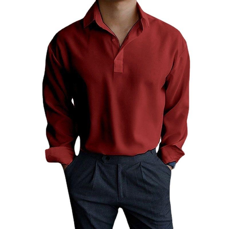 Men Lapel Half Placket Solid Long Sleeve Henley Casual Shirt