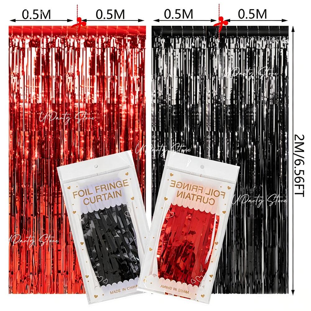 2 Packs Red Black Foil Fringe Curtains 6.56FT Black Tinsel Backdrop Shimmer Curtain for Birthday Baby Shower Race Car Party Deco 5