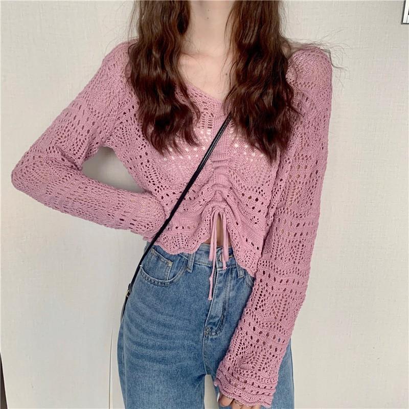 Chic Hollow Drawstring Knitted Sweater Women's Spring and Summer Small Sweet and Spicy Design Sense V-neck Lace-up Short Top