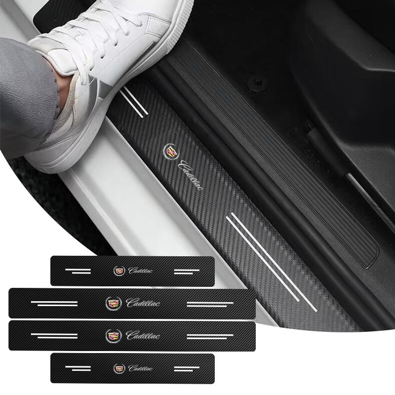 4PCS Car Door Plate Carbon Fiber Threshold Protector Sticker Decals for Cadillac Seville XT4 CT4 CT5 SLR CTS DTS ATS Escalade