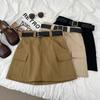 Ретро-модная тонкая мини-юбка с высокой талией, женская однотонная короткая юбка с двойным карманом, женские трапециевидные юбки с запахом на бедрах, женские с поясом 24274