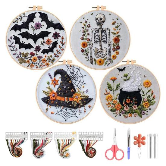 1 Set Halloween Embroidery Kit with Hoop Threads Scissors Threader Beginners Gothic Stamped Cross Stitch Hand Embroidery Starter Kit