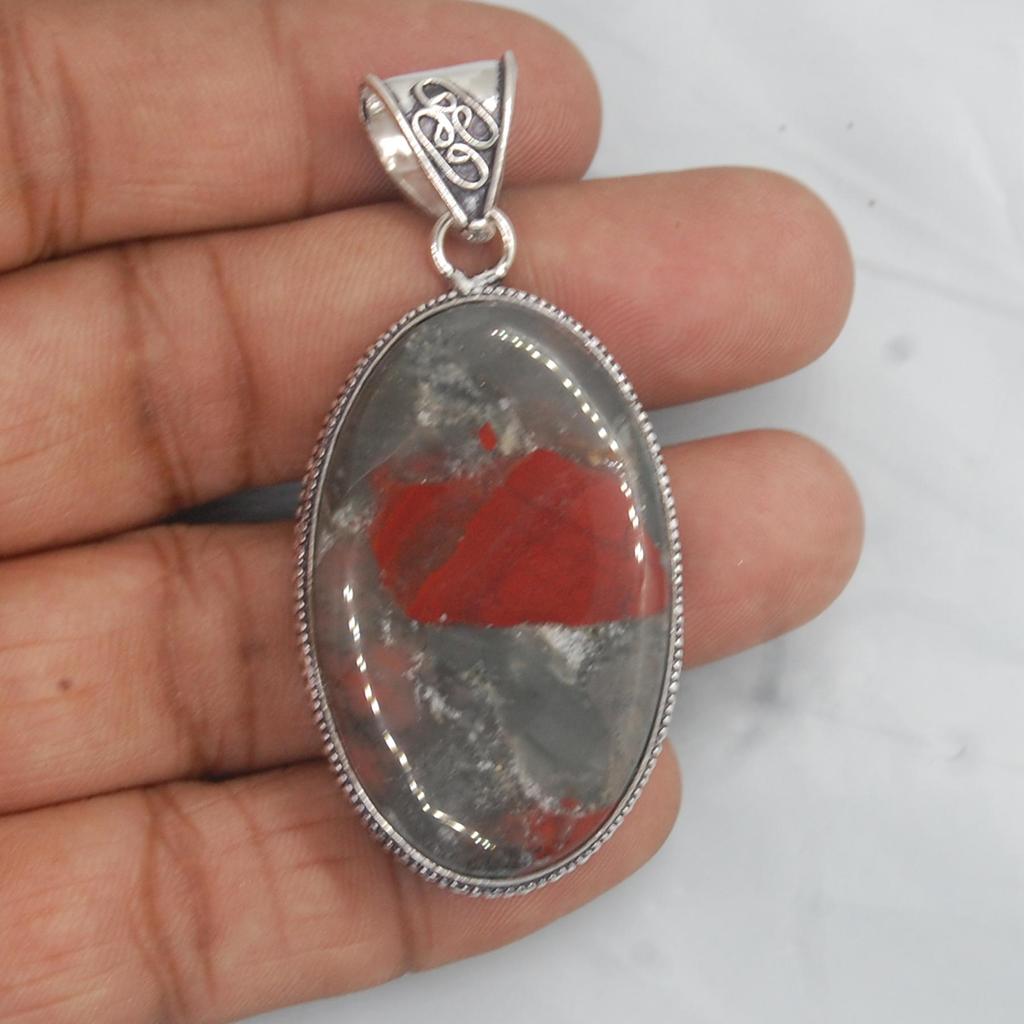 Huge Oval Cab Red Bloodstone 925 Sterling Silver Pendant Jewelry, Handmade Boho Style Pendant