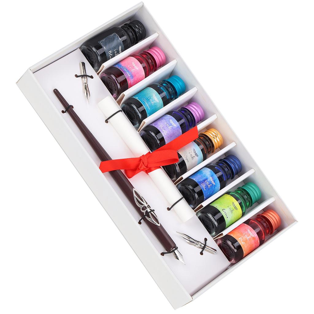 Dip Pen 8-Color Ink Wooden Pole Calligraphy Fountain Pen Gift Box Set with Replaceable Nib