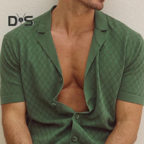 Мужская жаккардовая трикотажная рубашка с коротким рукавом, застегивающаяся на пуговицы, с кубинским воротником, узором в виде ромба, повседневная рубашка для повседневной носки, вечеринок, путешествий