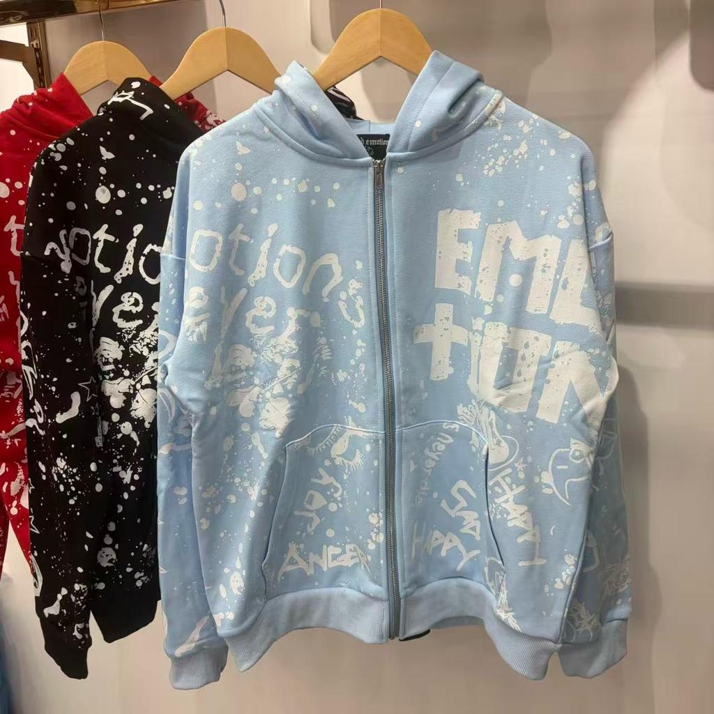 MIXED EMOTION American street style full-print letter-printed hoodie sweatshirt, loose zip-up cardigan, trendy style