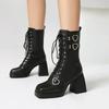9Cm Square Heel Waterproof Platform Short Boots Heart-Shaped Metal Buckle Rivets Leather Short Plush Winter Ankle Boots 35-45