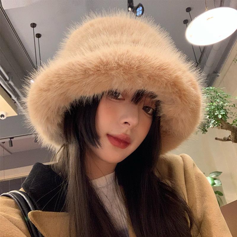 High Sense Imitation Fur Mink Fluffy Bucket Hat Female Lady Wind Big Head Circumference Plush Hat Winter Warm Pullover Hat