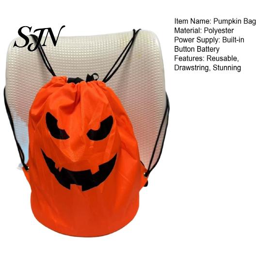 Costume Accessory LED Drawstring Pumpkin Backpack for Kids, Halloween Light Up Candy Bag with Durable Polyester Holder String Light, Reusable Trick or