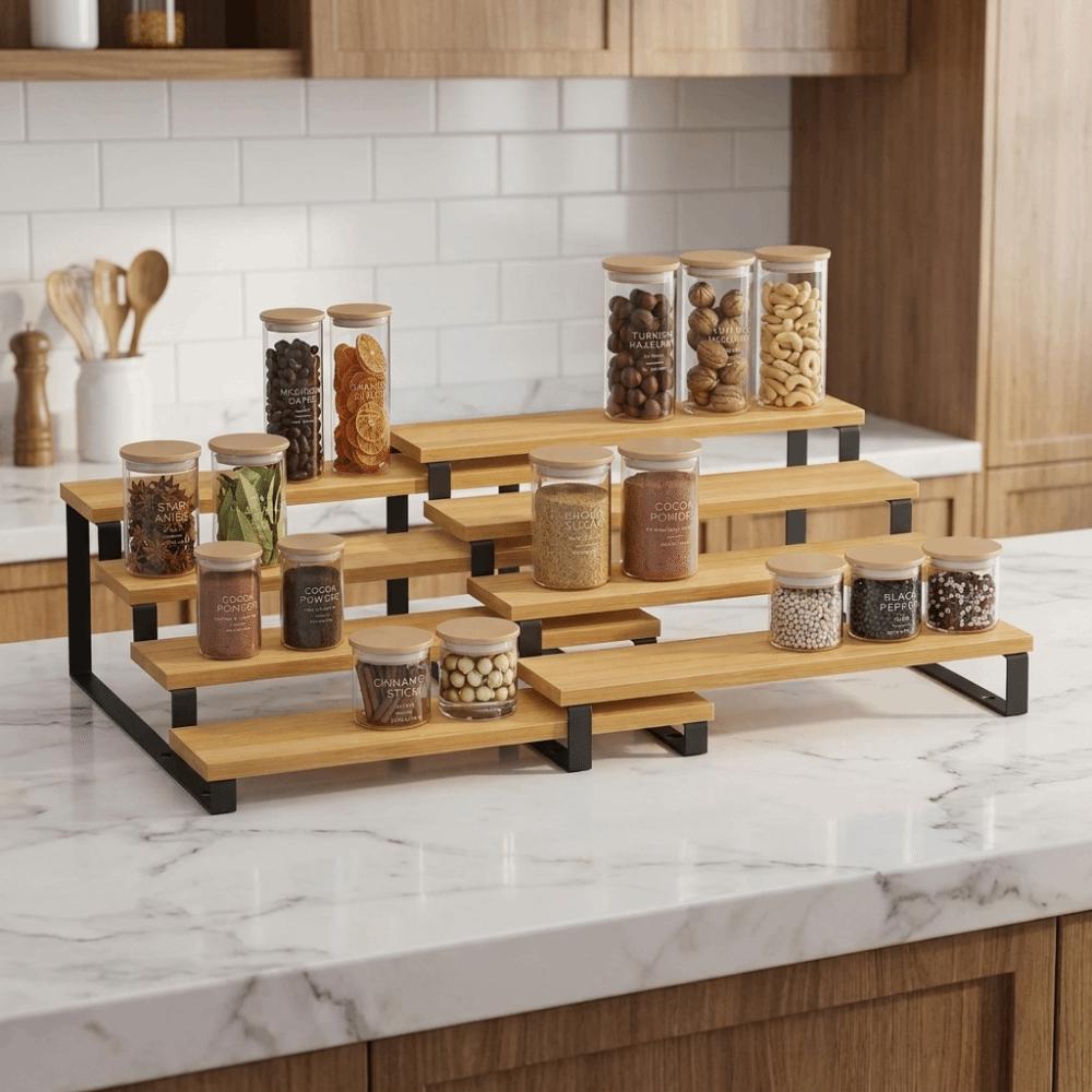 Large Capacity Expandable Step Storage Rack Bamboo Model Display Stand For Kitchen