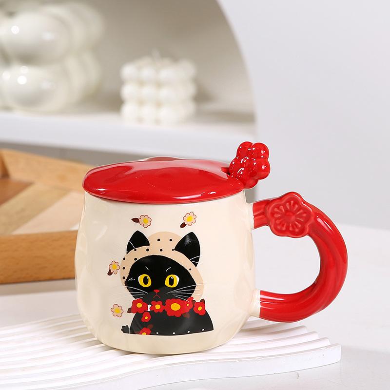Large Capacity Kitten with Lid Spoon Cute Cartoon Ceramic Cup High Temperature Resistant Office Mug Girls Suit Cup