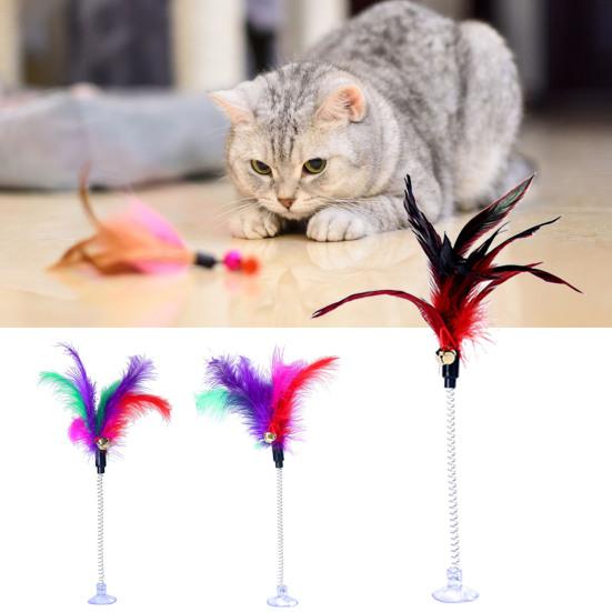 Funny Pet Cat Feather Bell Spring Suction Cup Elastic Playing Interactive Toy