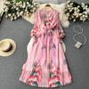 French Chic Dress for Women V-neck Plant Printed Lantern Sleeve Pleated Long Dresses Autumn Dress Female A-line