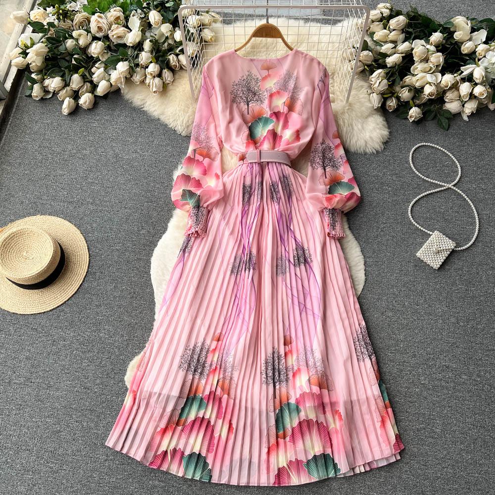 French Chic Dress for Women V-neck Plant Printed Lantern Sleeve Pleated Long Dresses Autumn Dress Female A-line