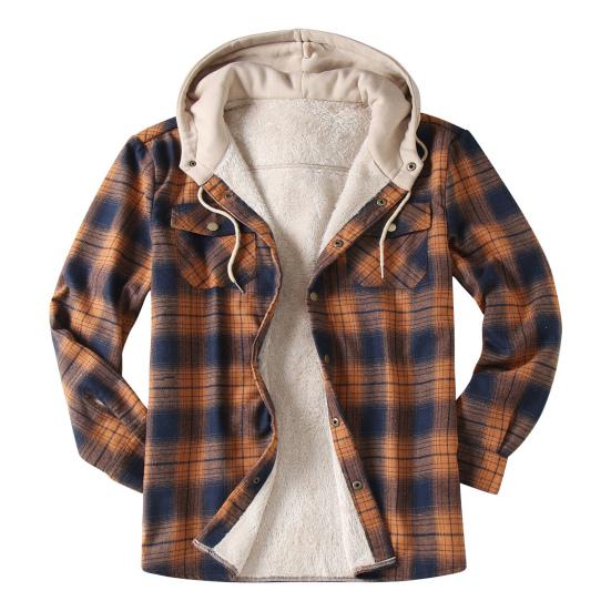 Men Coat Hooded Drawstring Long Sleeve Plaid Print Jacket with Pockets Buttons