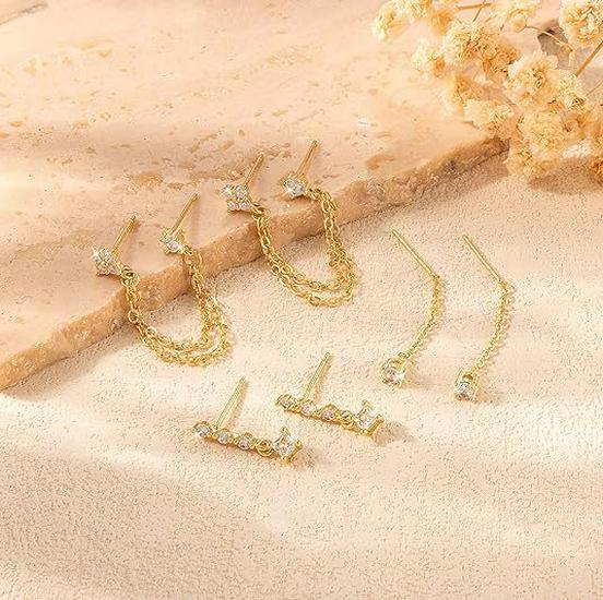 Комплект из трех предметов: квадратный кафф на ухо с позолотой 18 карат и серьги-пусеты с цирконом на цепочке