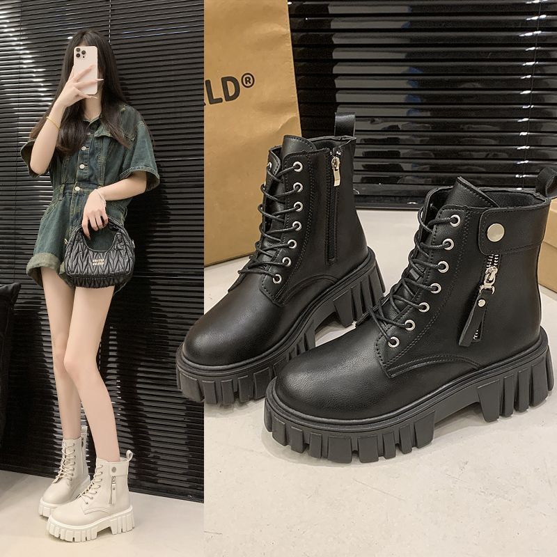 Small Thick-soled Flat-bottomed Velvet British Style Short Boots Versatile Fashion Martin Boots Women's Height Increase 2025 New Autumn and Winter