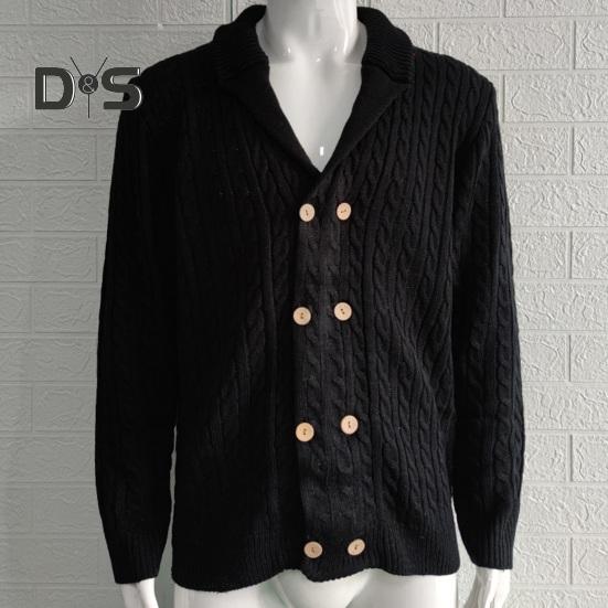 Осень-зима мужской свитер двубортный с пуговицами и лацканами, длинные рукава, скрученная фактура, однотонное толстое эластичное трикотажное пальто