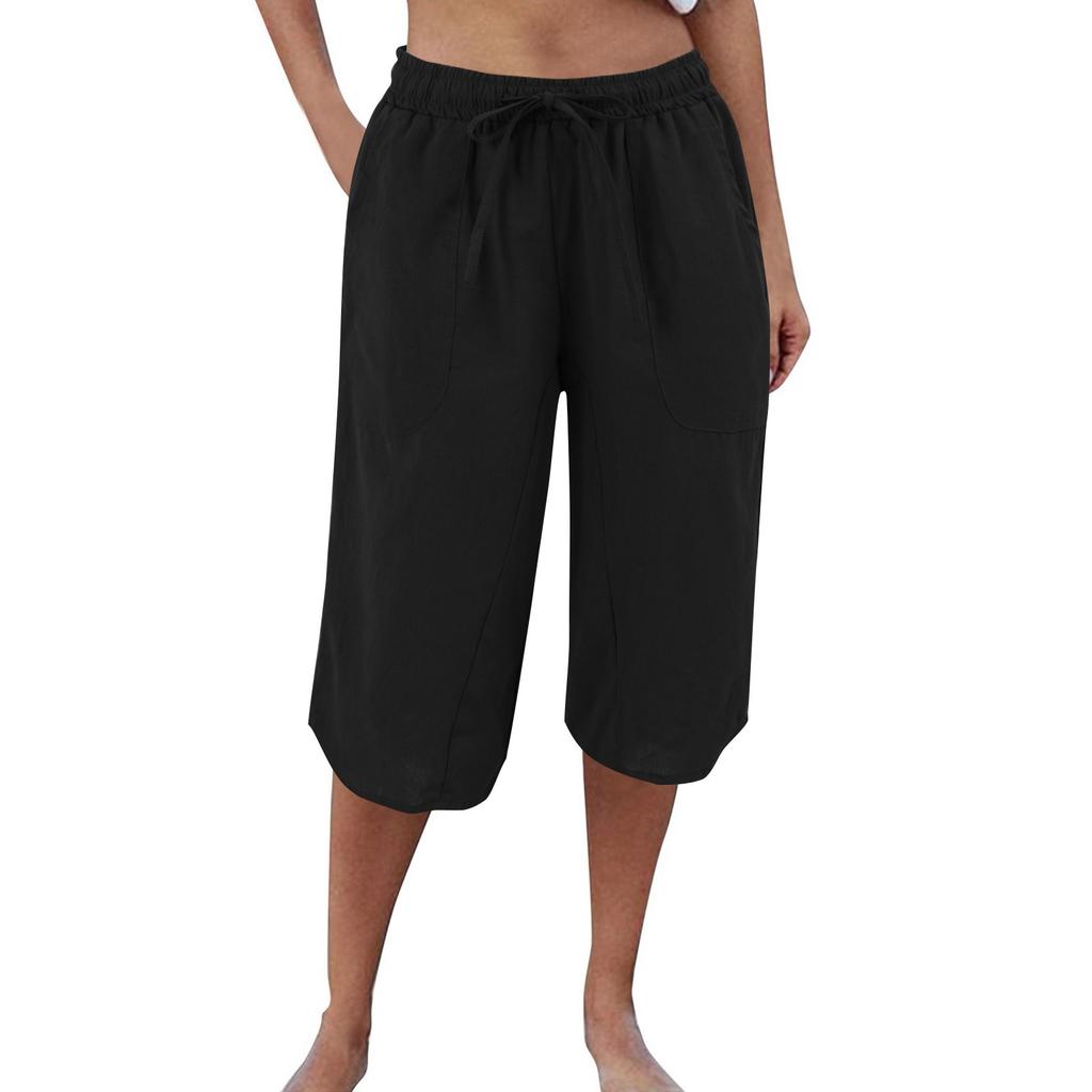 Женские повседневные брюки из хлопка и пеньки с высокой талией и широкими штанинами на шнурке